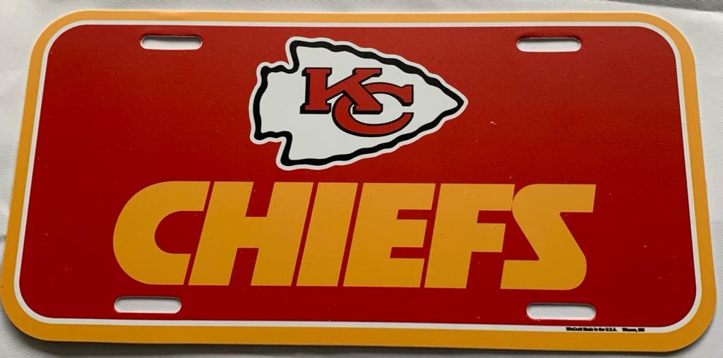 Kansas City Chiefs NFL Patrick Mahomes Andy Reid gridiron metal plate license plate Vintage sports collectibles wincraft american football - Stripes